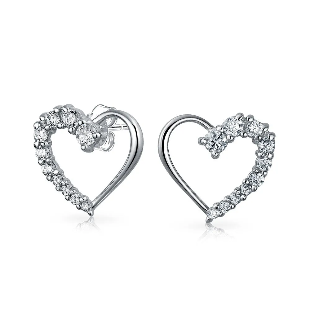 Bridal Love Journey CZ Stud Earrings Heart Shaped Pave Sterling Silver Gift