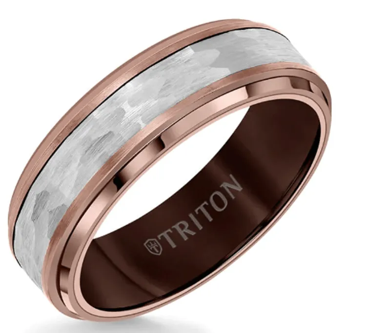 BURNET 7MM Brown & White Tungsten Carbide Ring - Hammered Center and Step Edge