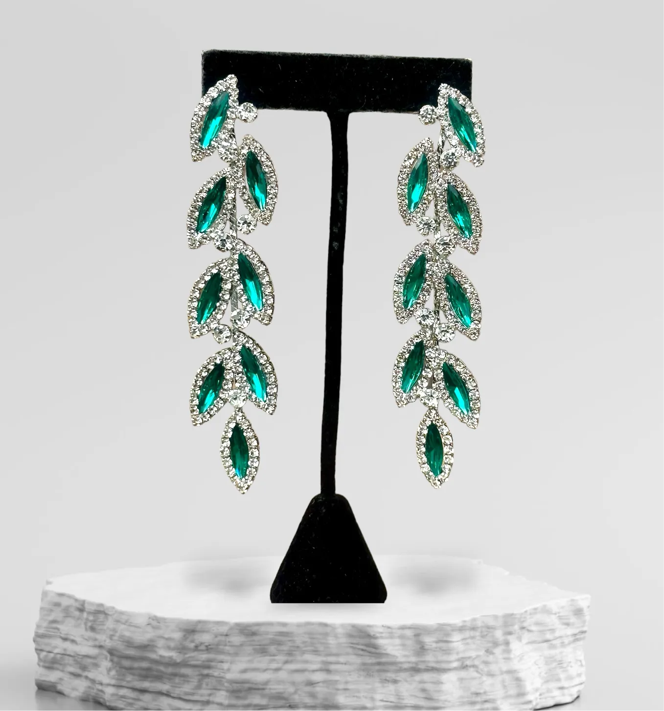 CHARLO - emerald green & clear vine marquise rhinestone earrings