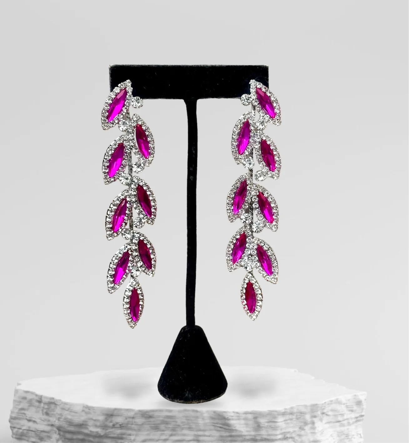 CHARLO - fuchsia & clear vine marquise rhinestone earrings