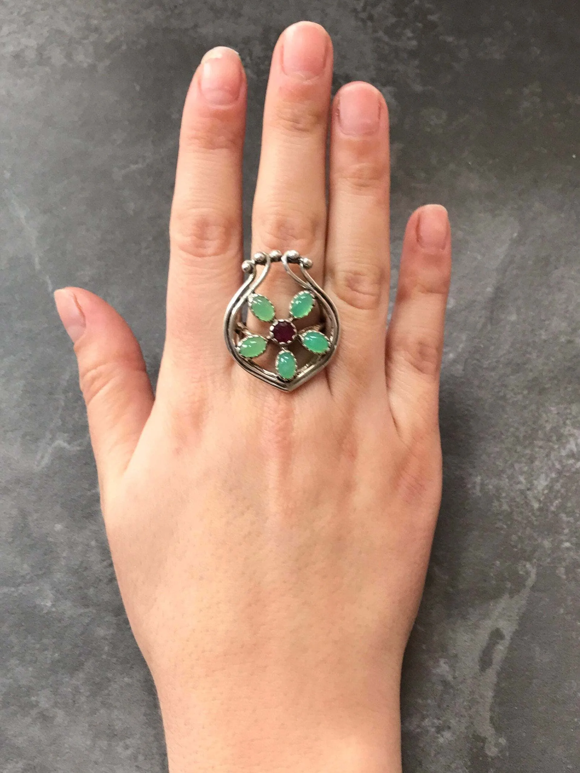 Chrysoprase Ring - Large Flower Ring - Vintage Statement Ring