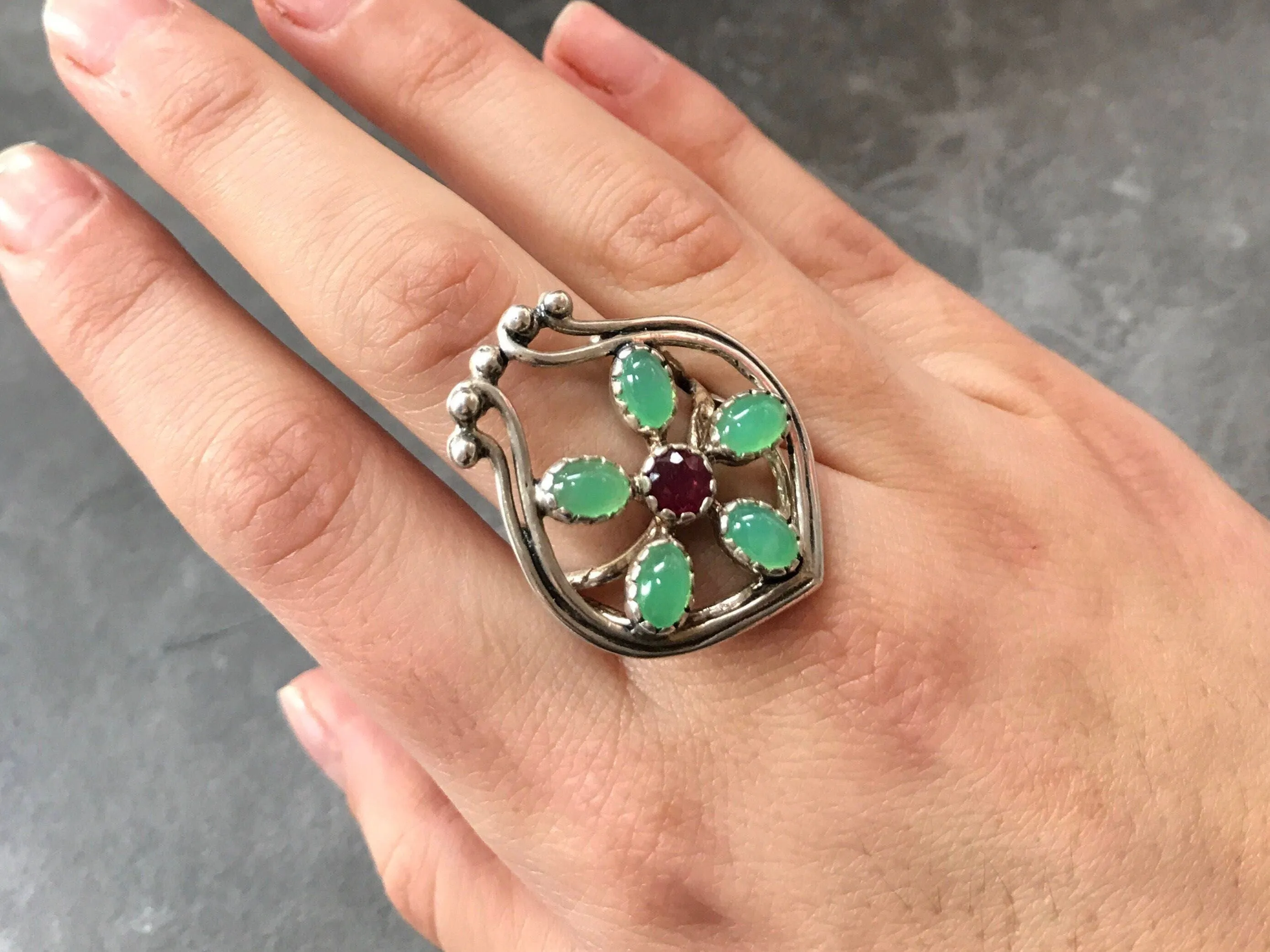 Chrysoprase Ring - Large Flower Ring - Vintage Statement Ring