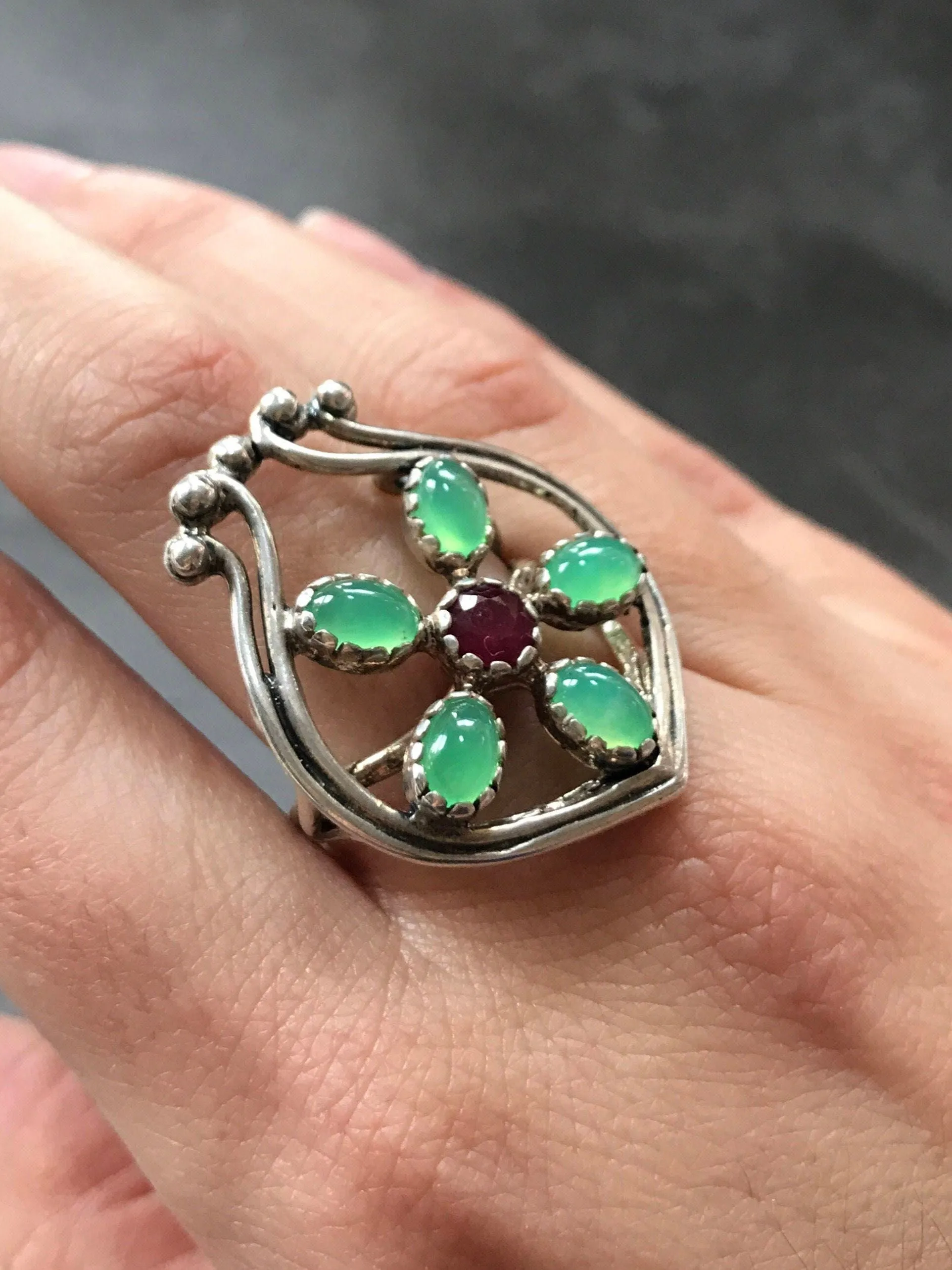 Chrysoprase Ring - Large Flower Ring - Vintage Statement Ring