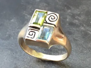 Colorful Baguette Ring - Blue Topaz Ring - Green Peridot Ring