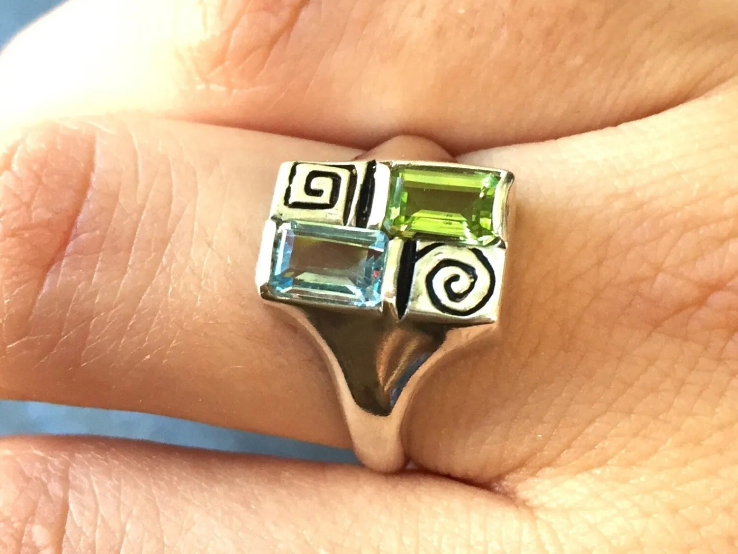 Colorful Baguette Ring - Blue Topaz Ring - Green Peridot Ring