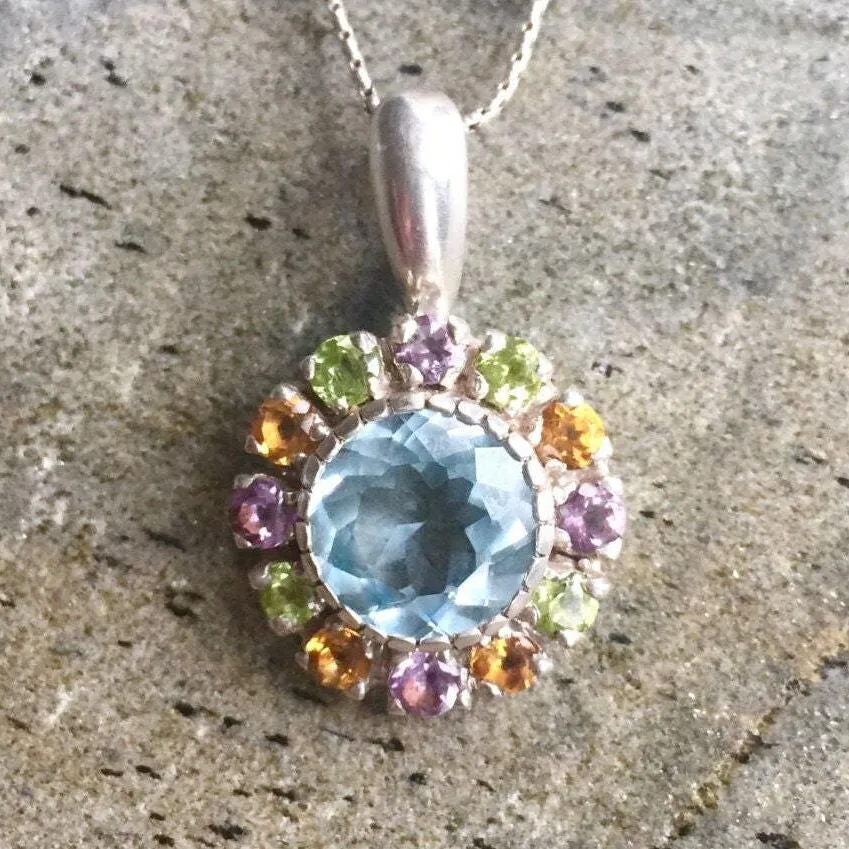 Colorful Flower Necklace - Blue Topaz Victorian Pendant - Statement Flower Necklace