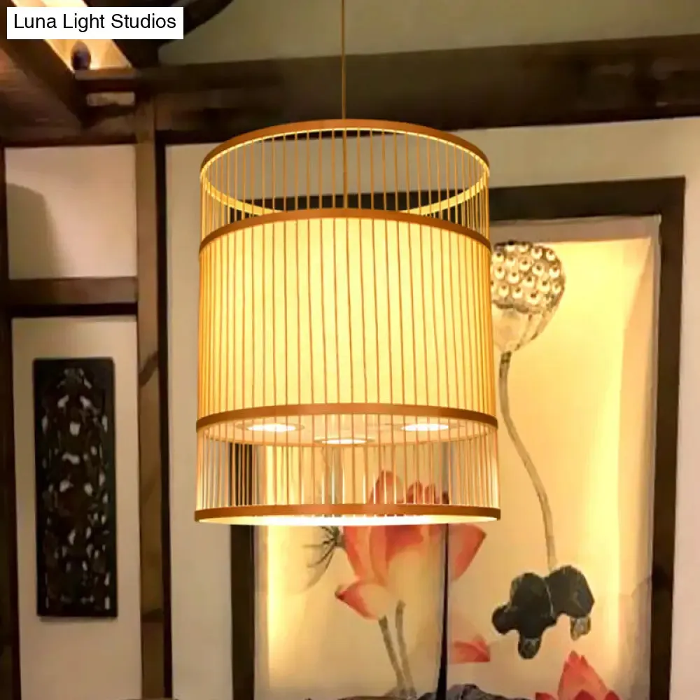 Contemporary Beige Suspension Pendant - Bamboo Ceiling Hang Lamp for Restaurants