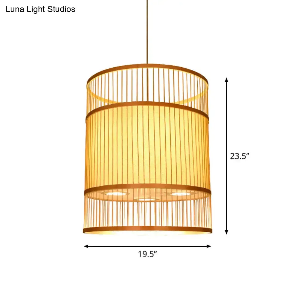 Contemporary Beige Suspension Pendant - Bamboo Ceiling Hang Lamp for Restaurants