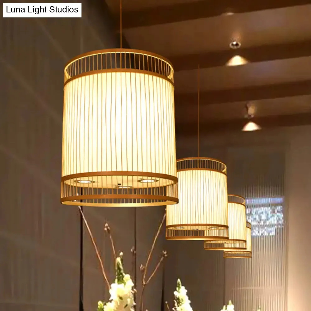 Contemporary Beige Suspension Pendant - Bamboo Ceiling Hang Lamp for Restaurants