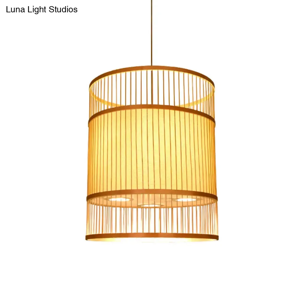 Contemporary Beige Suspension Pendant - Bamboo Ceiling Hang Lamp for Restaurants