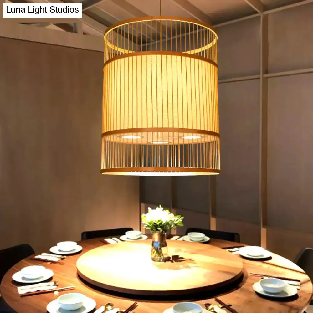 Contemporary Beige Suspension Pendant - Bamboo Ceiling Hang Lamp for Restaurants