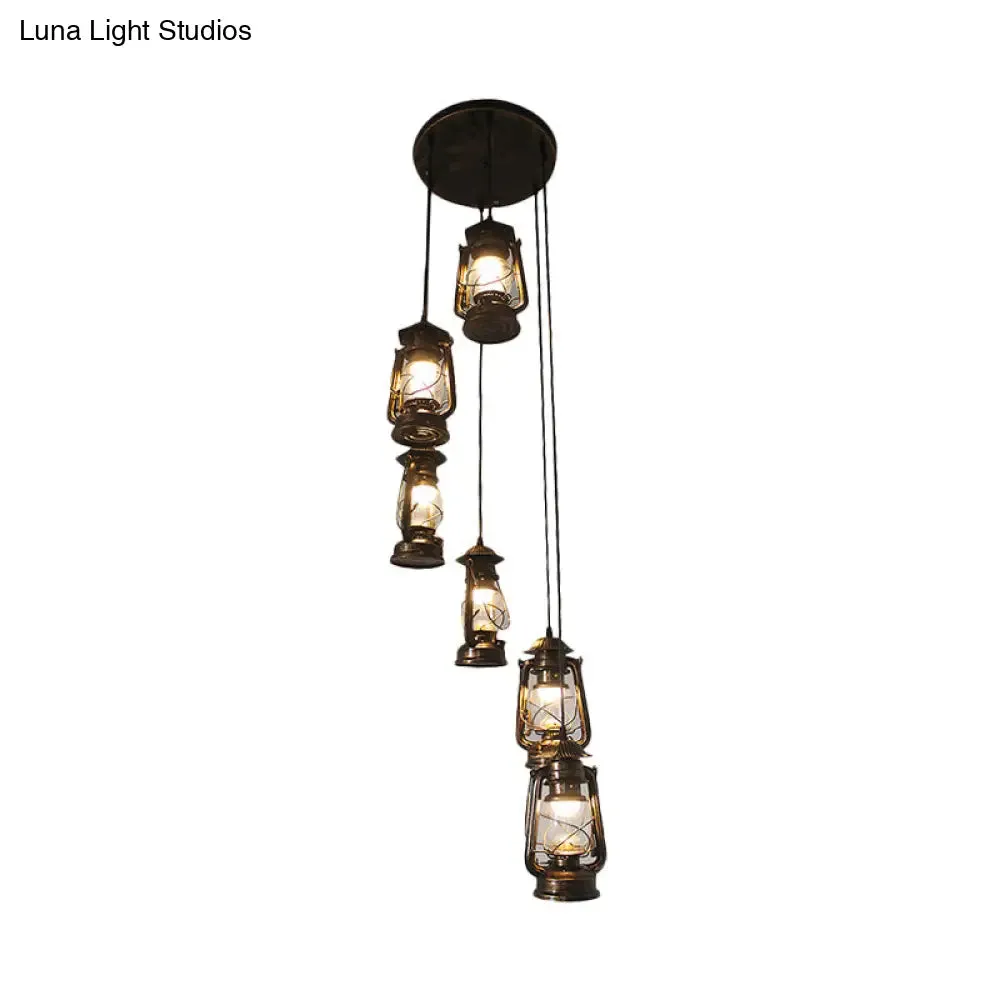 Contemporary Bronze Lantern Stair Pendant - 6-Bulb Metallic Hanging Lamp