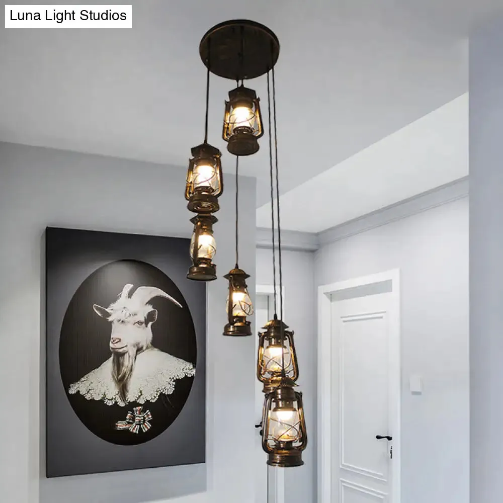 Contemporary Bronze Lantern Stair Pendant - 6-Bulb Metallic Hanging Lamp