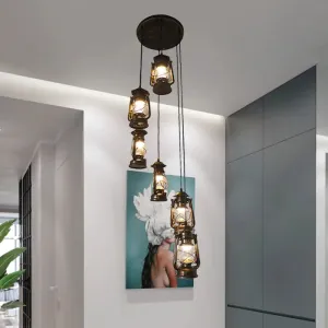 Contemporary Bronze Lantern Stair Pendant - 6-Bulb Metallic Hanging Lamp