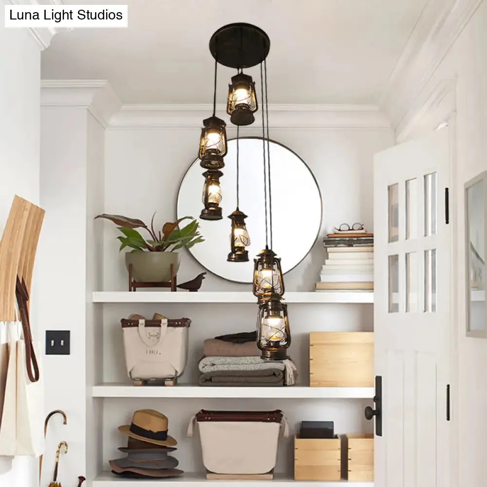 Contemporary Bronze Lantern Stair Pendant - 6-Bulb Metallic Hanging Lamp