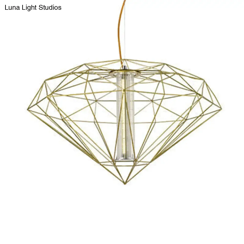 Contemporary Diamond Wire Cage Pendant Light with Glass Shade - Chrome/Gold - Dining Room Lighting