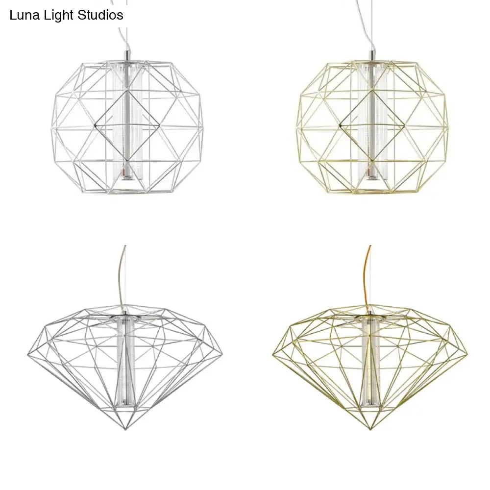 Contemporary Diamond Wire Cage Pendant Light with Glass Shade - Chrome/Gold - Dining Room Lighting