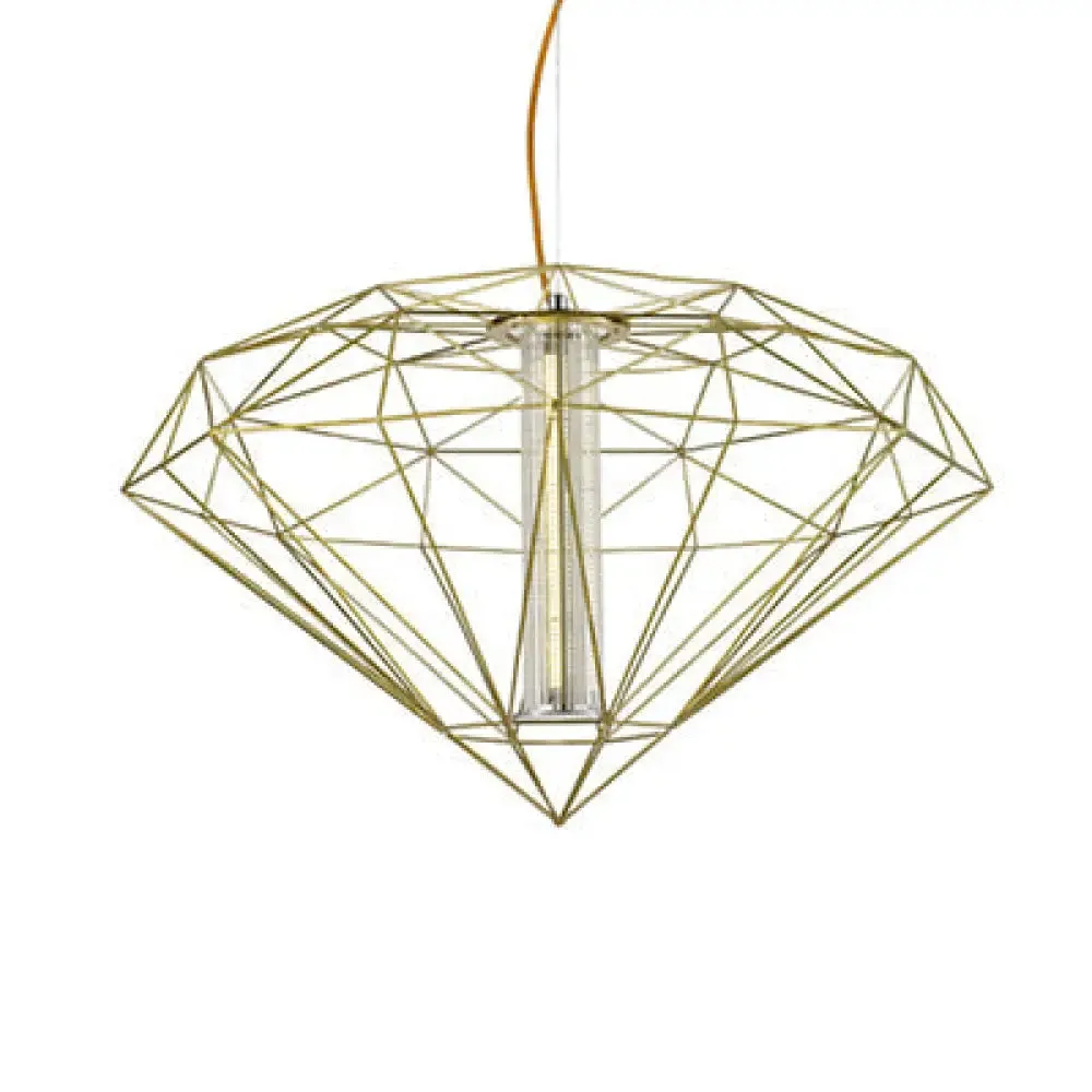 Contemporary Diamond Wire Cage Pendant Light with Glass Shade - Chrome/Gold - Dining Room Lighting