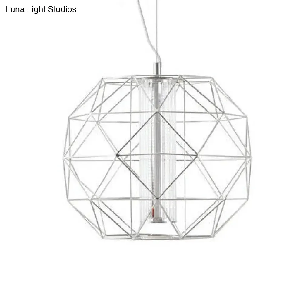 Contemporary Diamond Wire Cage Pendant Light with Glass Shade - Chrome/Gold - Dining Room Lighting