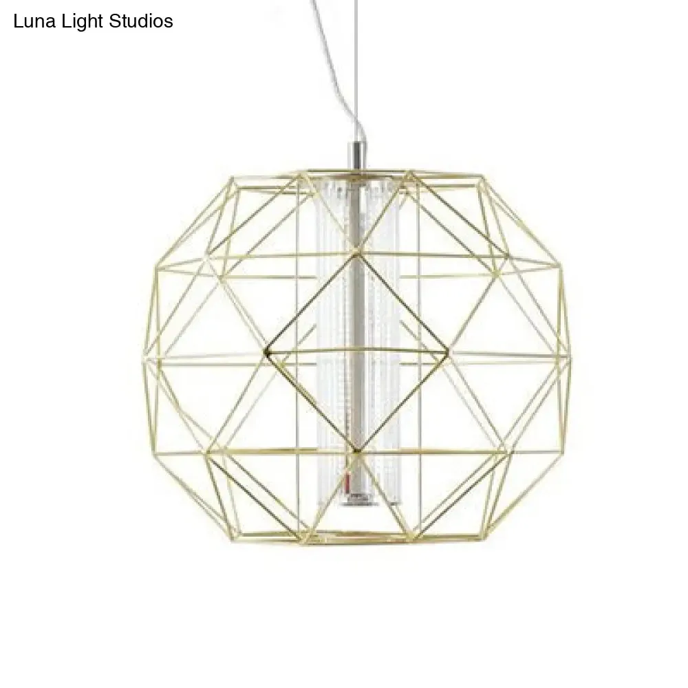 Contemporary Diamond Wire Cage Pendant Light with Glass Shade - Chrome/Gold - Dining Room Lighting