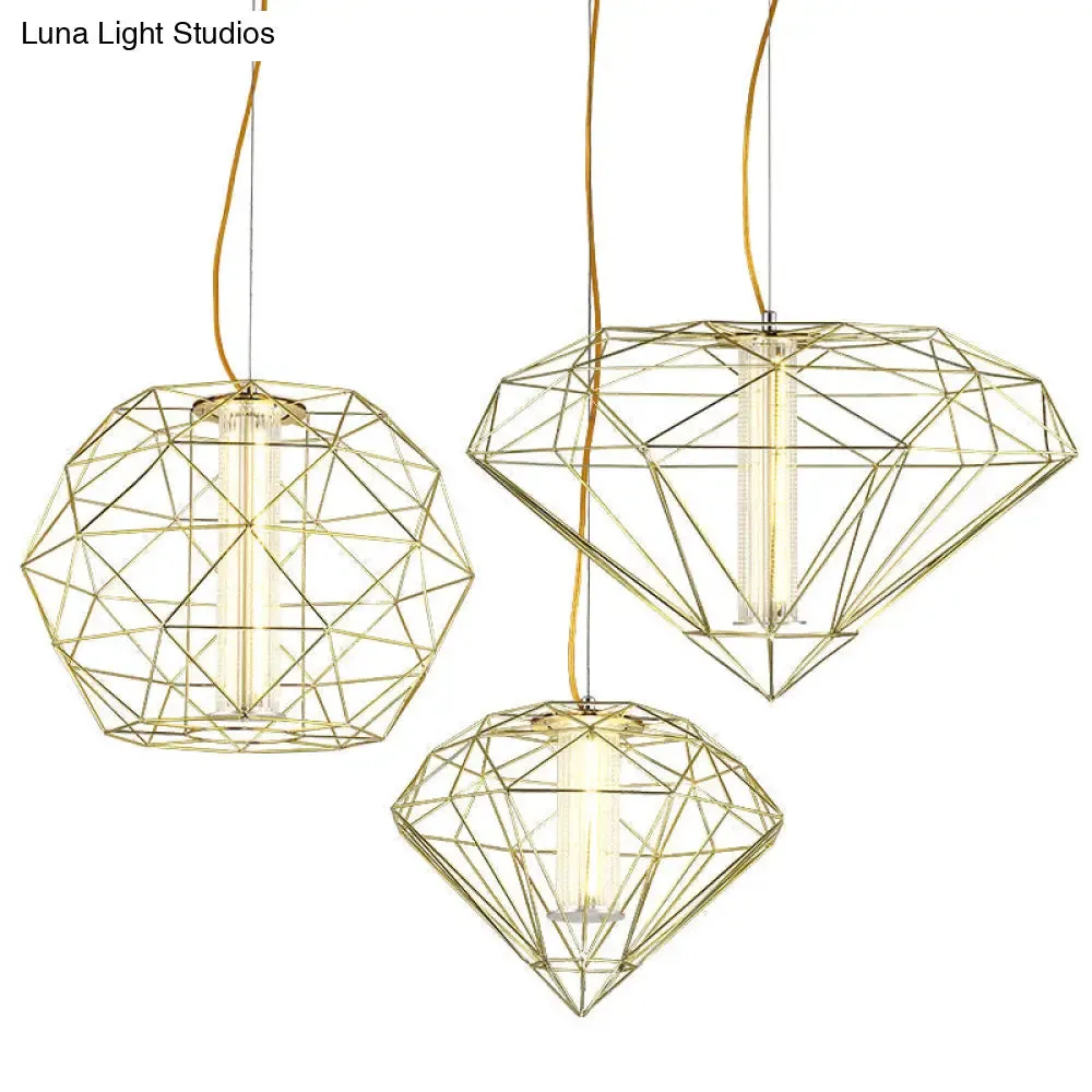 Contemporary Diamond Wire Cage Pendant Light with Glass Shade - Chrome/Gold - Dining Room Lighting