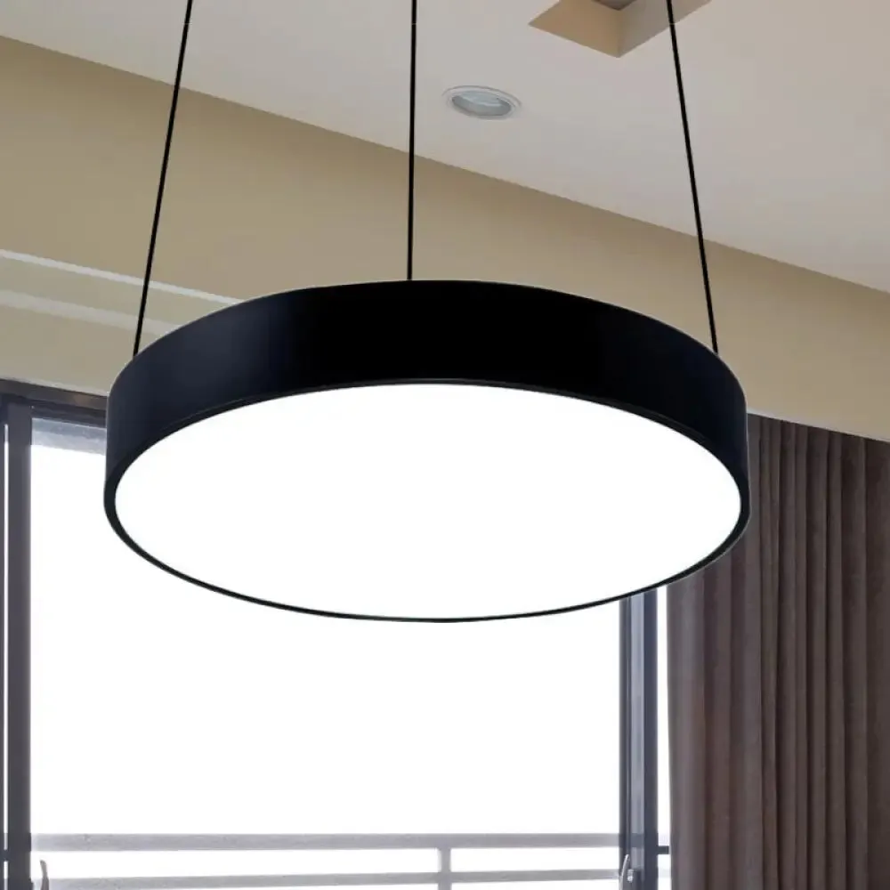 Contemporary LED Metal Drum Pendant Lighting: 12"/18"/23.5" Wide, White/Black Ceiling Lamp with White/Warm Light