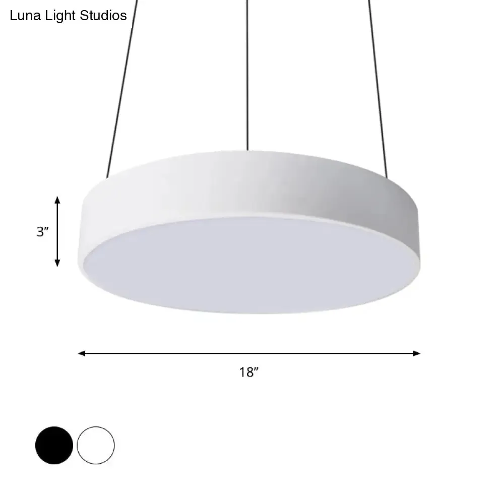 Contemporary LED Metal Drum Pendant Lighting: 12"/18"/23.5" Wide, White/Black Ceiling Lamp with White/Warm Light