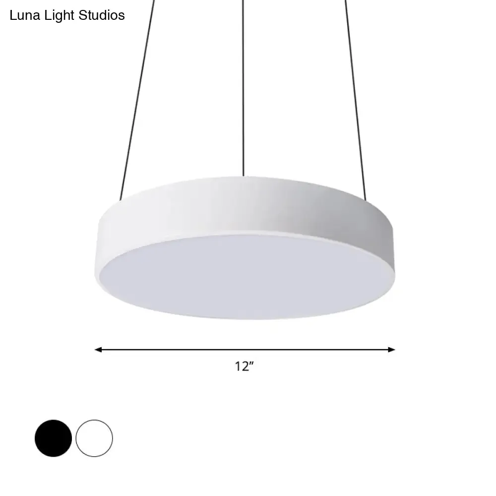 Contemporary LED Metal Drum Pendant Lighting: 12"/18"/23.5" Wide, White/Black Ceiling Lamp with White/Warm Light