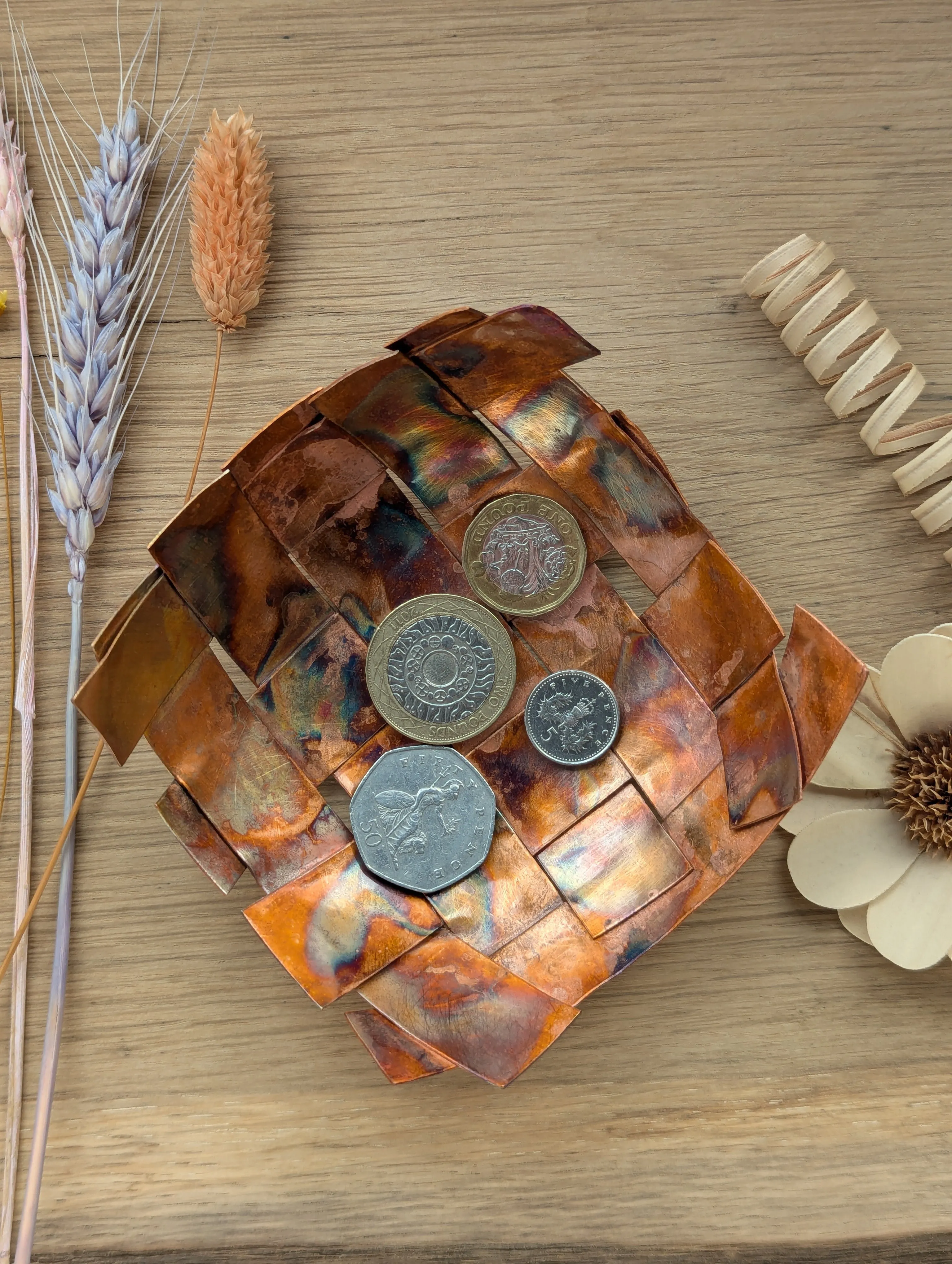 Copper woven dish for trinkets