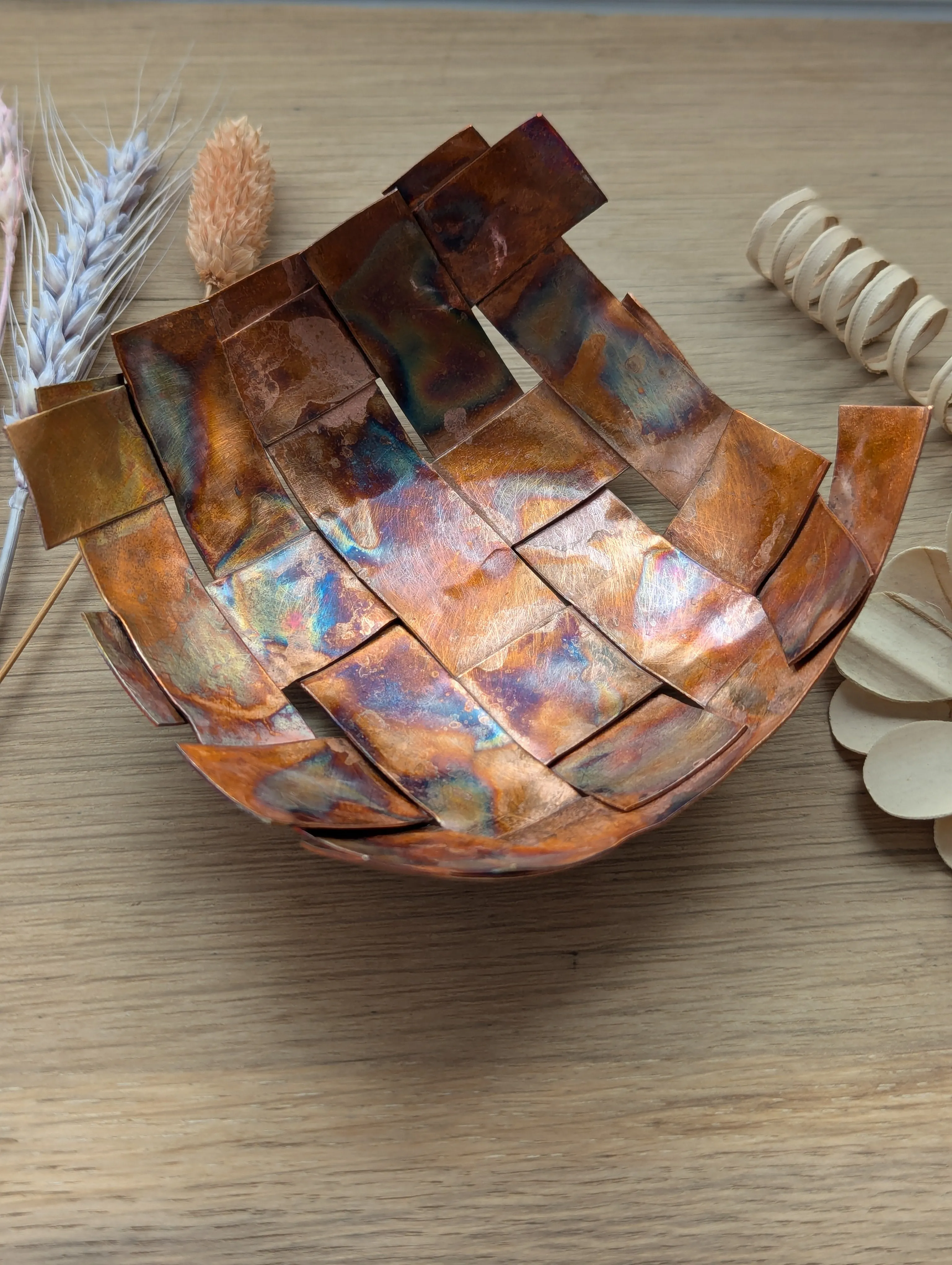 Copper woven dish for trinkets