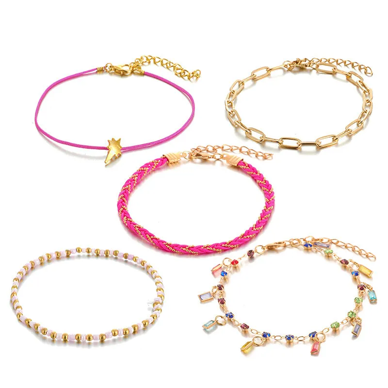 Creative Retro Bohemian Colored Gemstone 5-piece Anklet