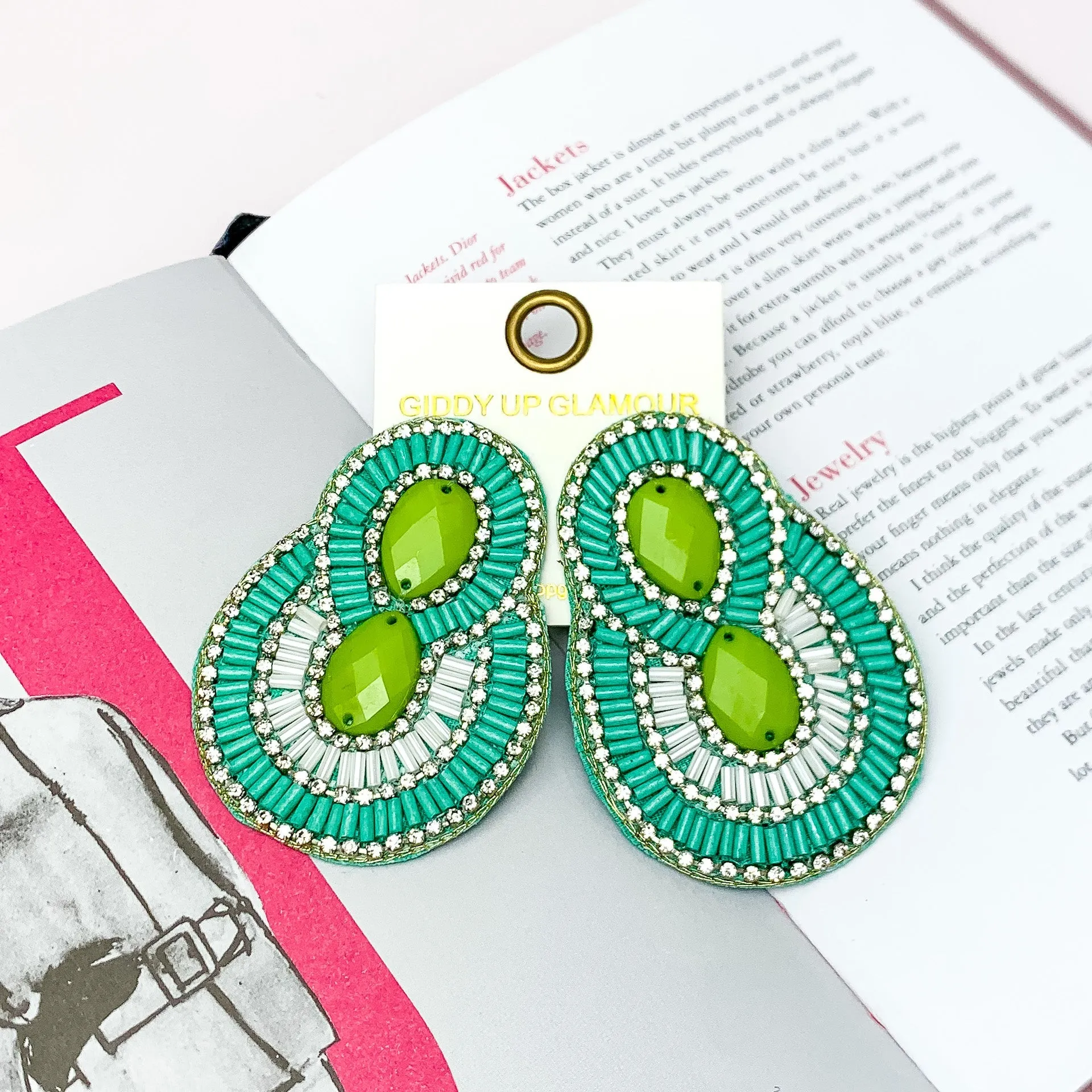 Dazzling Oval Earrings Outlined in Clear Crystals with Beads in Green