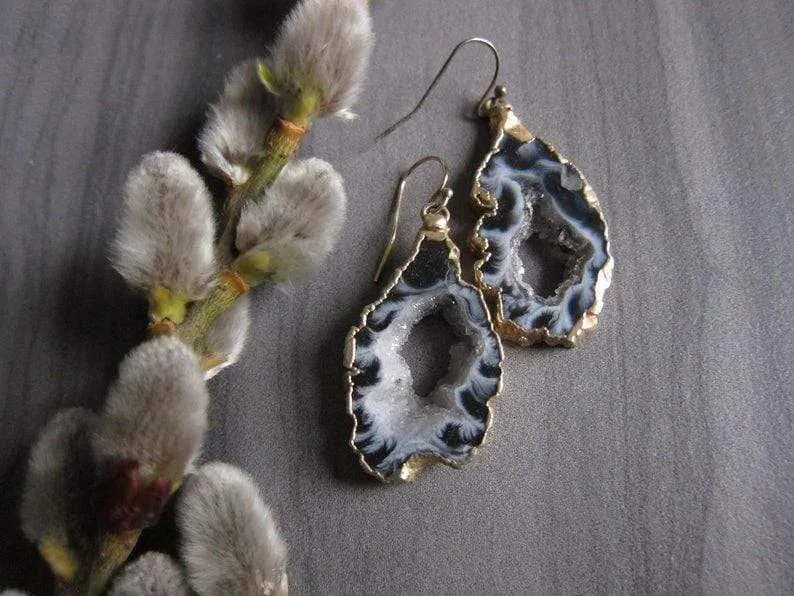 Druzy Geode Grey Agate Earrings