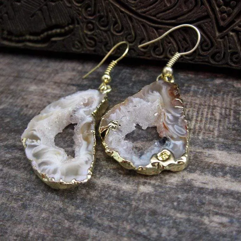 Druzy Geode Grey Agate Earrings