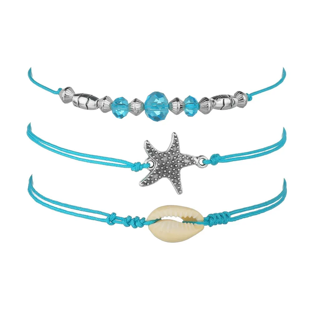 European And American Bohemian Starfish Shell Blue Bead Anklet Set