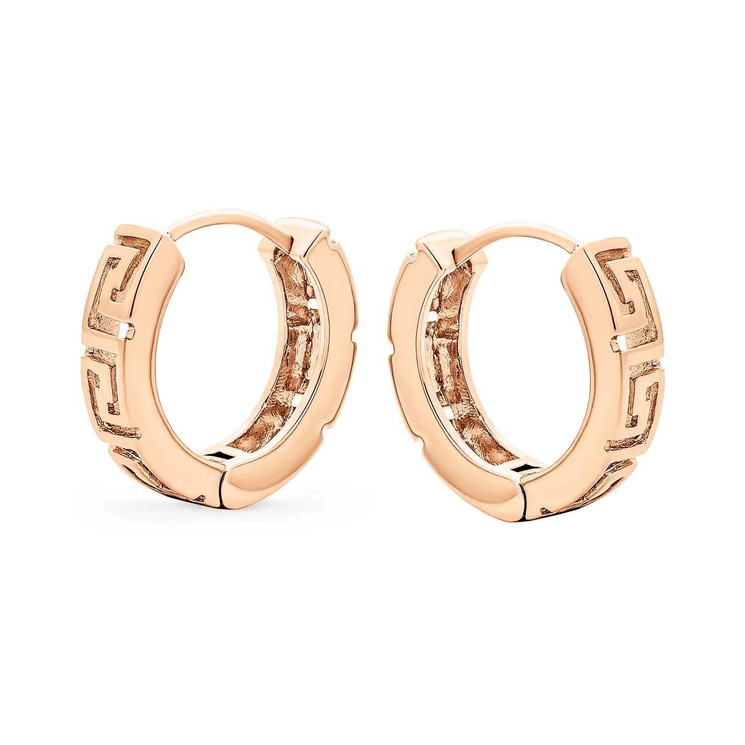 European Greek Key Two Tone Hoop Huggie Earrings Yellow Rose Gold Plated Silver