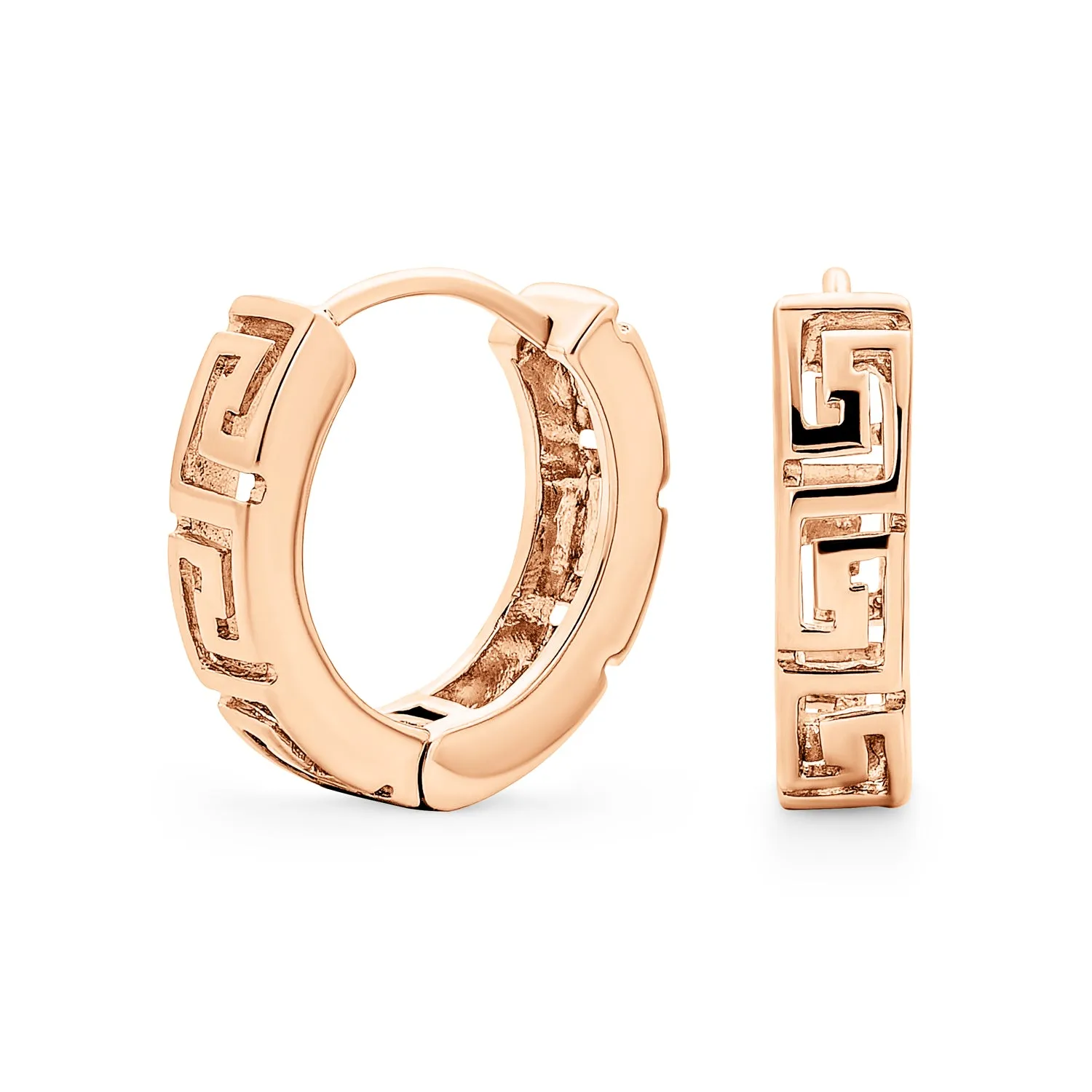 European Greek Key Two Tone Hoop Huggie Earrings Yellow Rose Gold Plated Silver