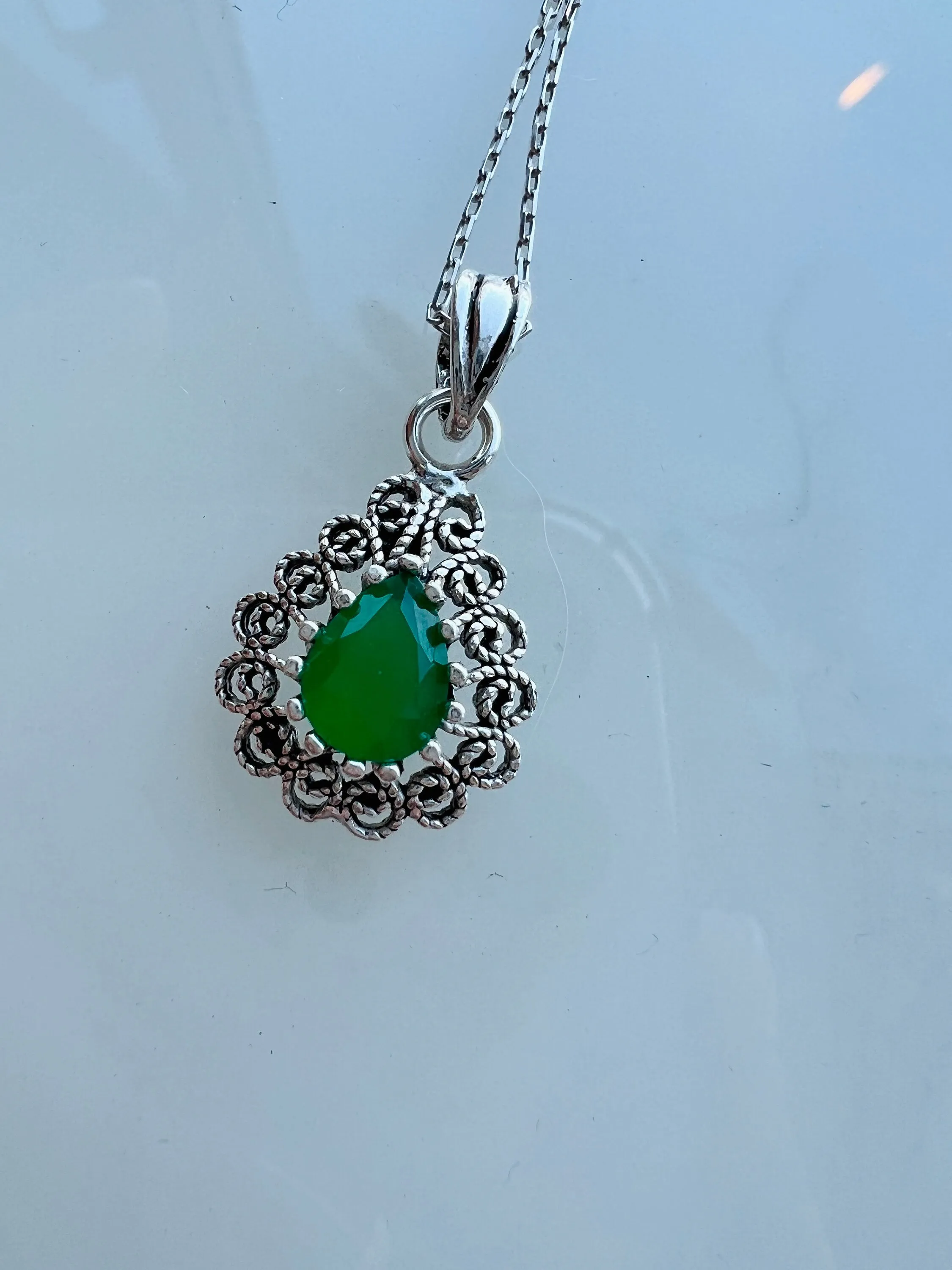 Filigree Pendant in 925 Sterling Silver | Handmade Sapphire and Emerald Necklace | Pear Shape Filigree Pendant Necklace | Handmade Jewellery