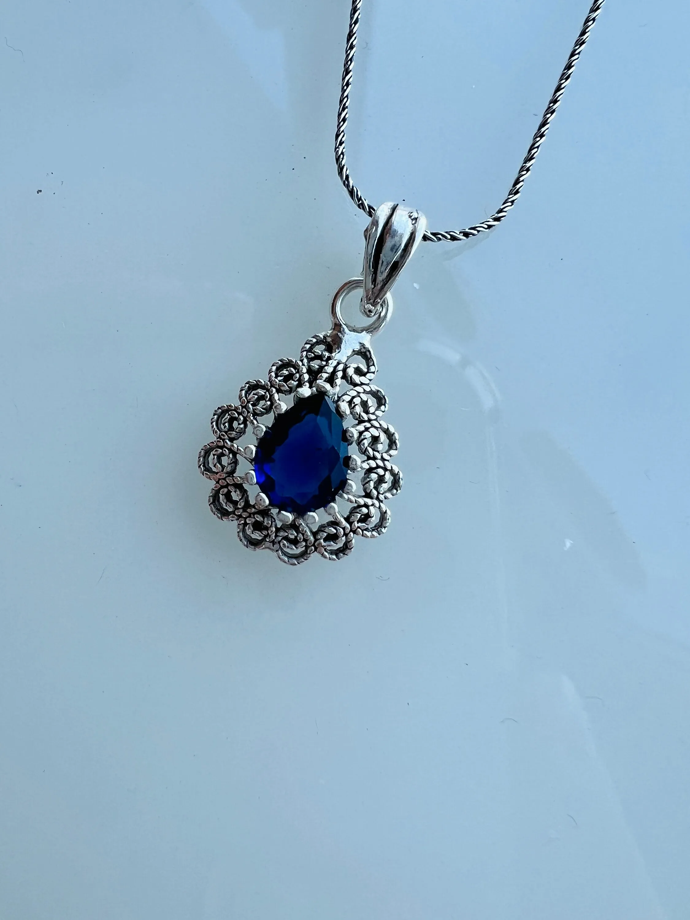 Filigree Pendant in 925 Sterling Silver | Handmade Sapphire and Emerald Necklace | Pear Shape Filigree Pendant Necklace | Handmade Jewellery