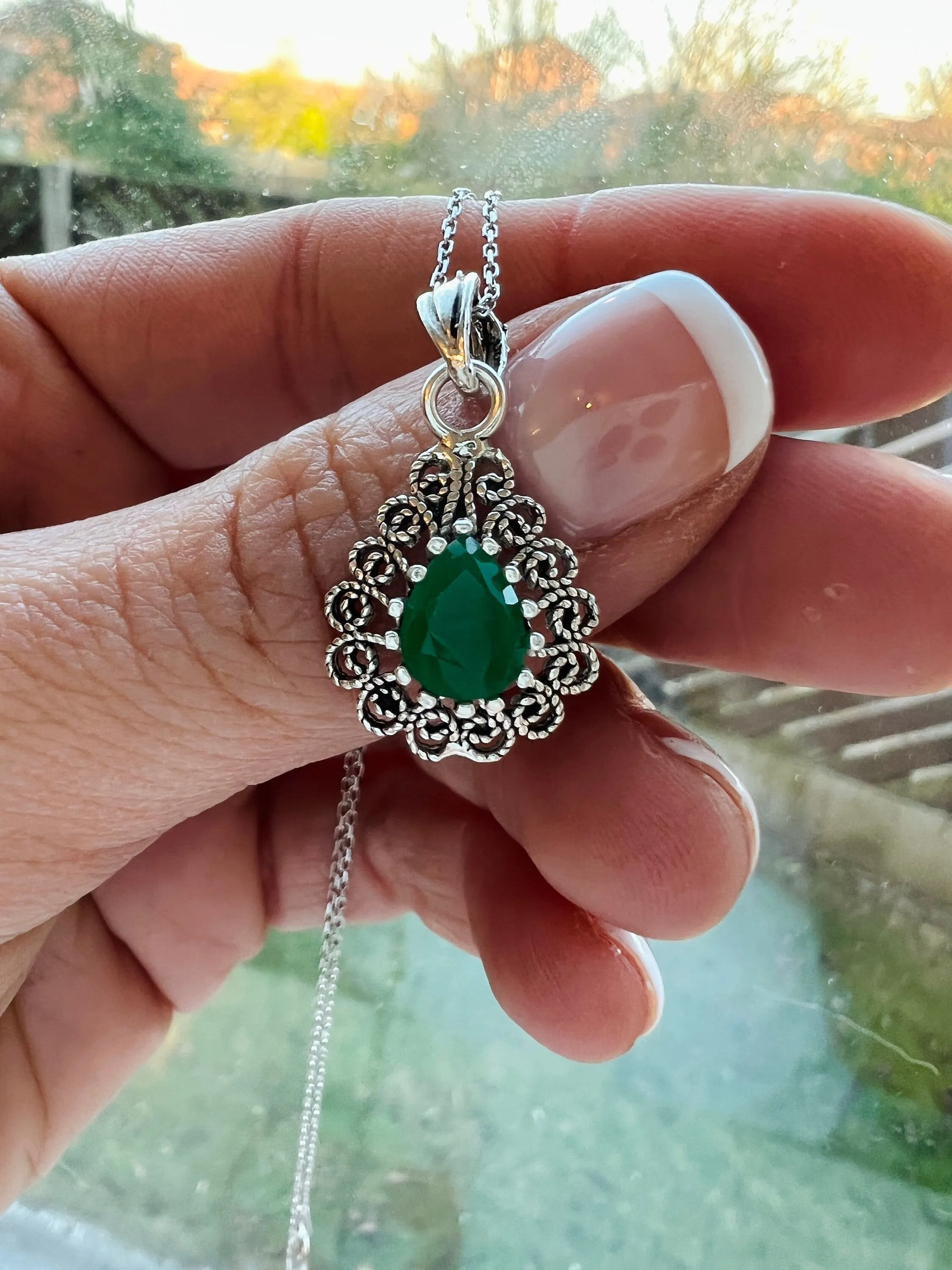 Filigree Pendant in 925 Sterling Silver | Handmade Sapphire and Emerald Necklace | Pear Shape Filigree Pendant Necklace | Handmade Jewellery