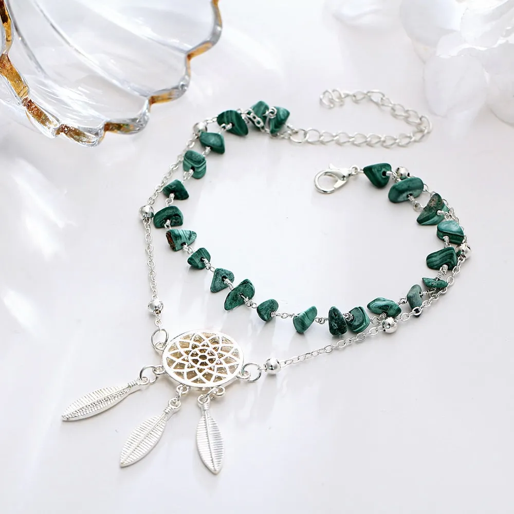 Flytonn  Bohemian Lrregular Green Stone Anklets Set For Women Handmade Hollow Dreamcatcher Pendant  Anklet Bracelet Jewelry