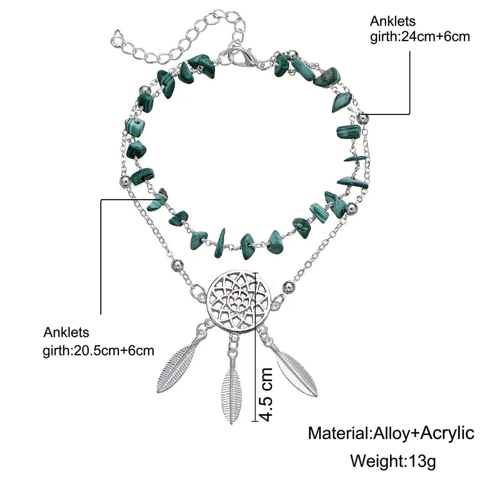 Flytonn  Bohemian Lrregular Green Stone Anklets Set For Women Handmade Hollow Dreamcatcher Pendant  Anklet Bracelet Jewelry