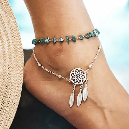 Flytonn  Bohemian Lrregular Green Stone Anklets Set For Women Handmade Hollow Dreamcatcher Pendant  Anklet Bracelet Jewelry