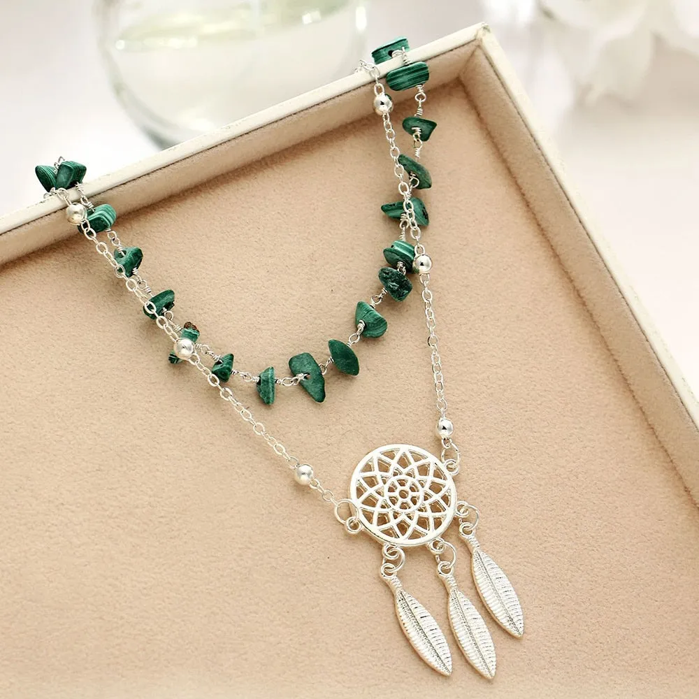 Flytonn  Bohemian Lrregular Green Stone Anklets Set For Women Handmade Hollow Dreamcatcher Pendant  Anklet Bracelet Jewelry