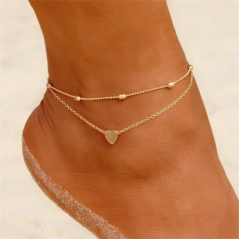 FNIO Two Layers Chain Heart Style Gold/Silver Color Anklets For Women