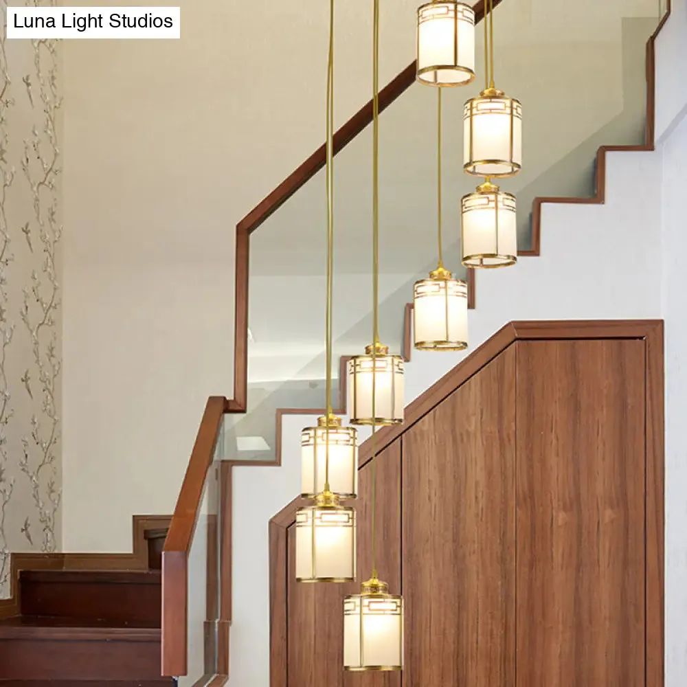 Frosted White Glass Pendant Lamp with Modern Brass Finish - Multiple Hanging Lights for Duplex House