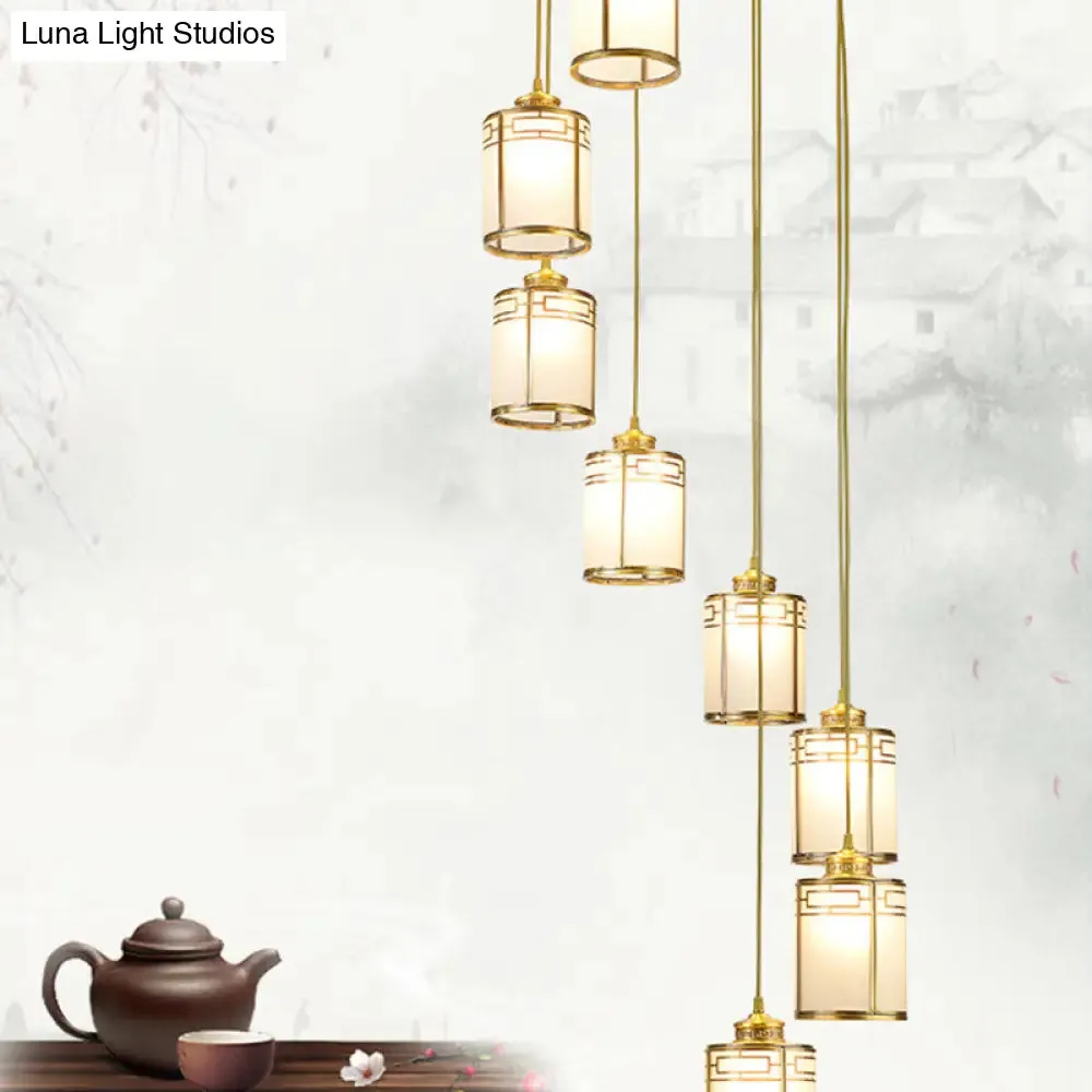 Frosted White Glass Pendant Lamp with Modern Brass Finish - Multiple Hanging Lights for Duplex House