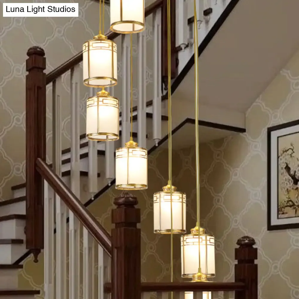 Frosted White Glass Pendant Lamp with Modern Brass Finish - Multiple Hanging Lights for Duplex House