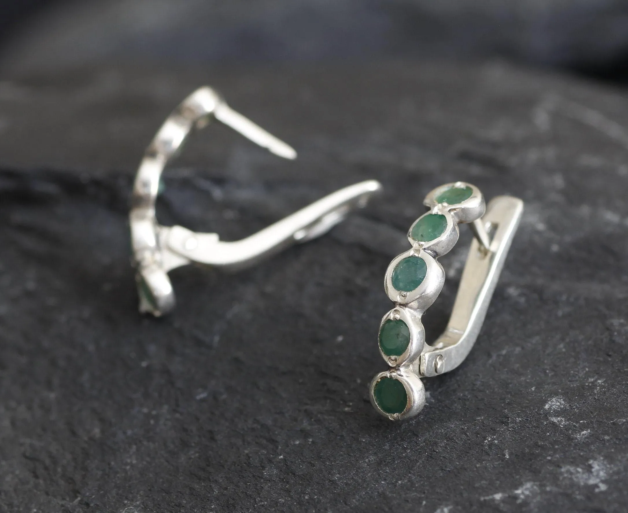 Genuine Emerald Earrings - Long Green Earrings - Green Drop Huggies