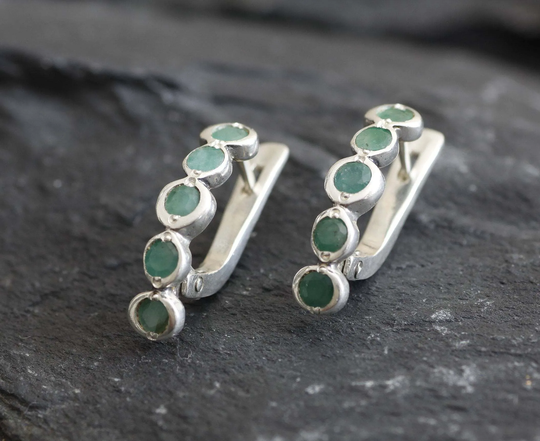 Genuine Emerald Earrings - Long Green Earrings - Green Drop Huggies